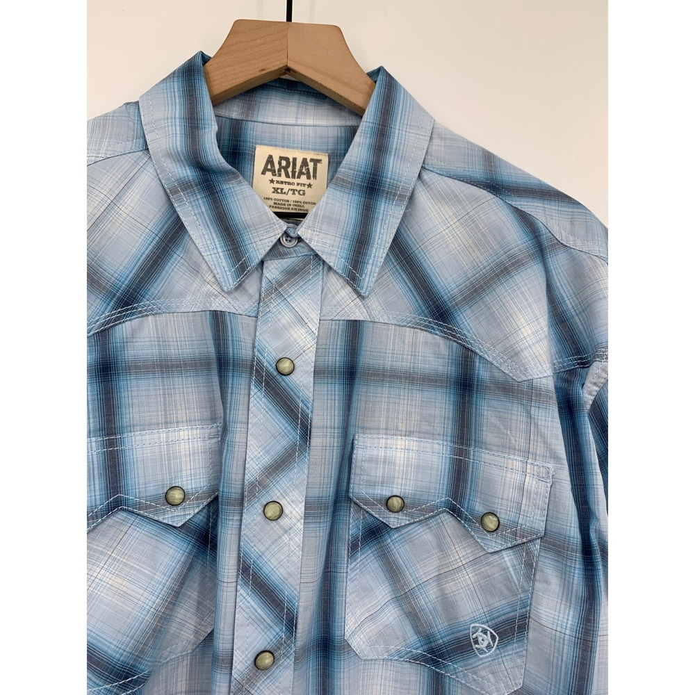 Ariat Shirt Mens XL Blue Plaid Pearl Snap Retro Western Cowboy Cotton NEW